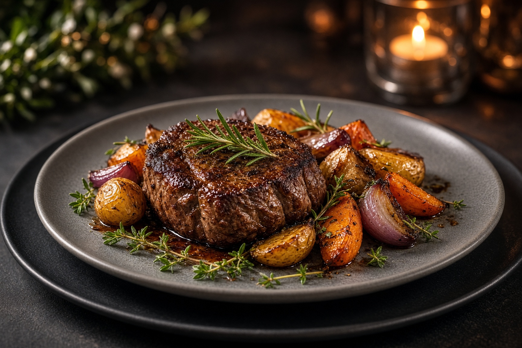 A plated steak dinner in candlelight
