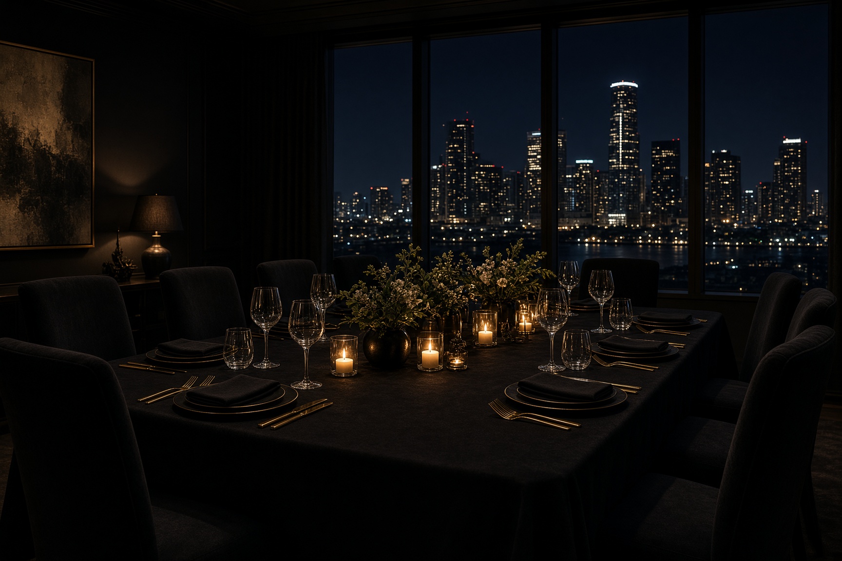 A private dining table set for the evening
