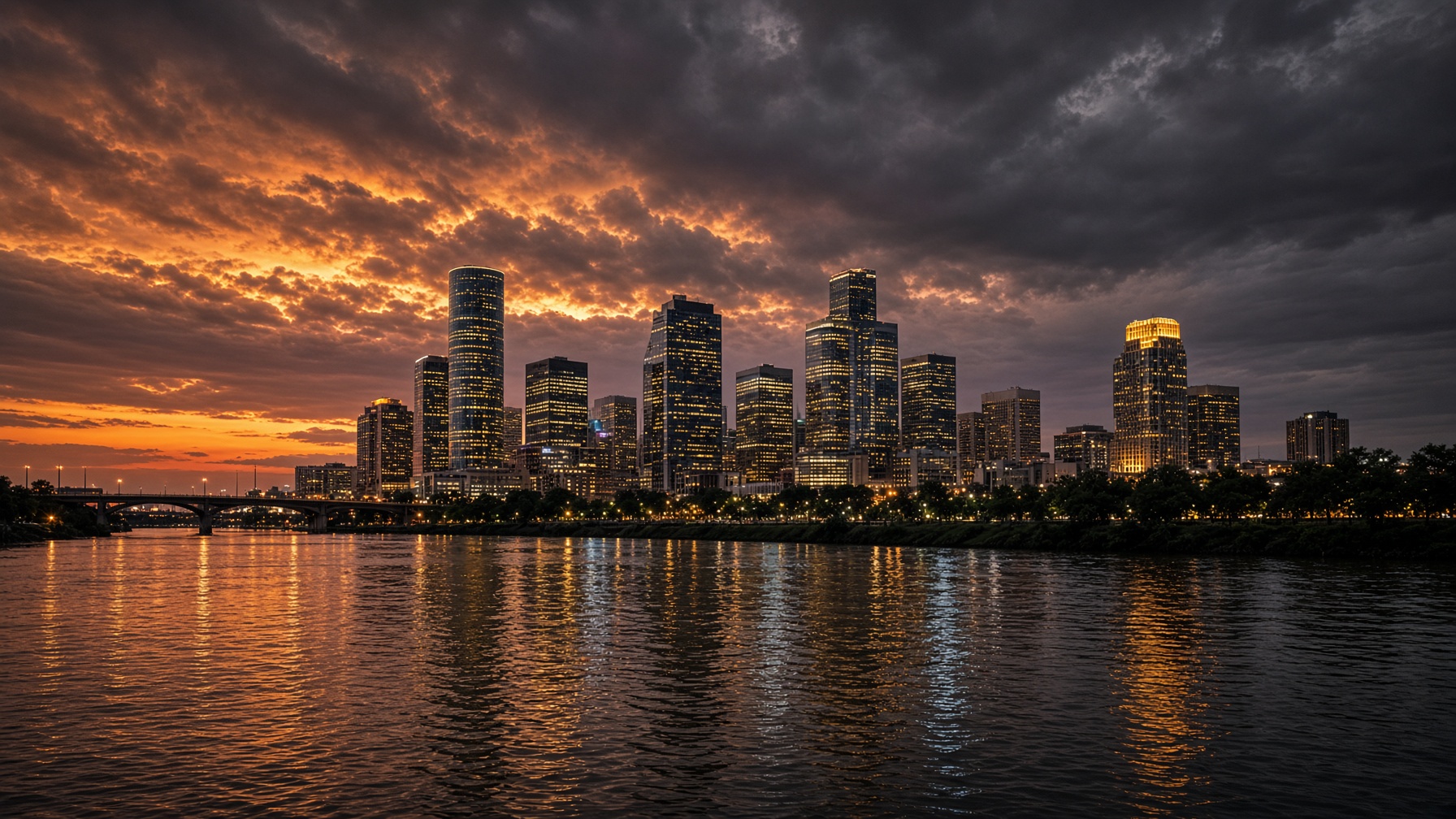 Houston skyline at dusk across the water