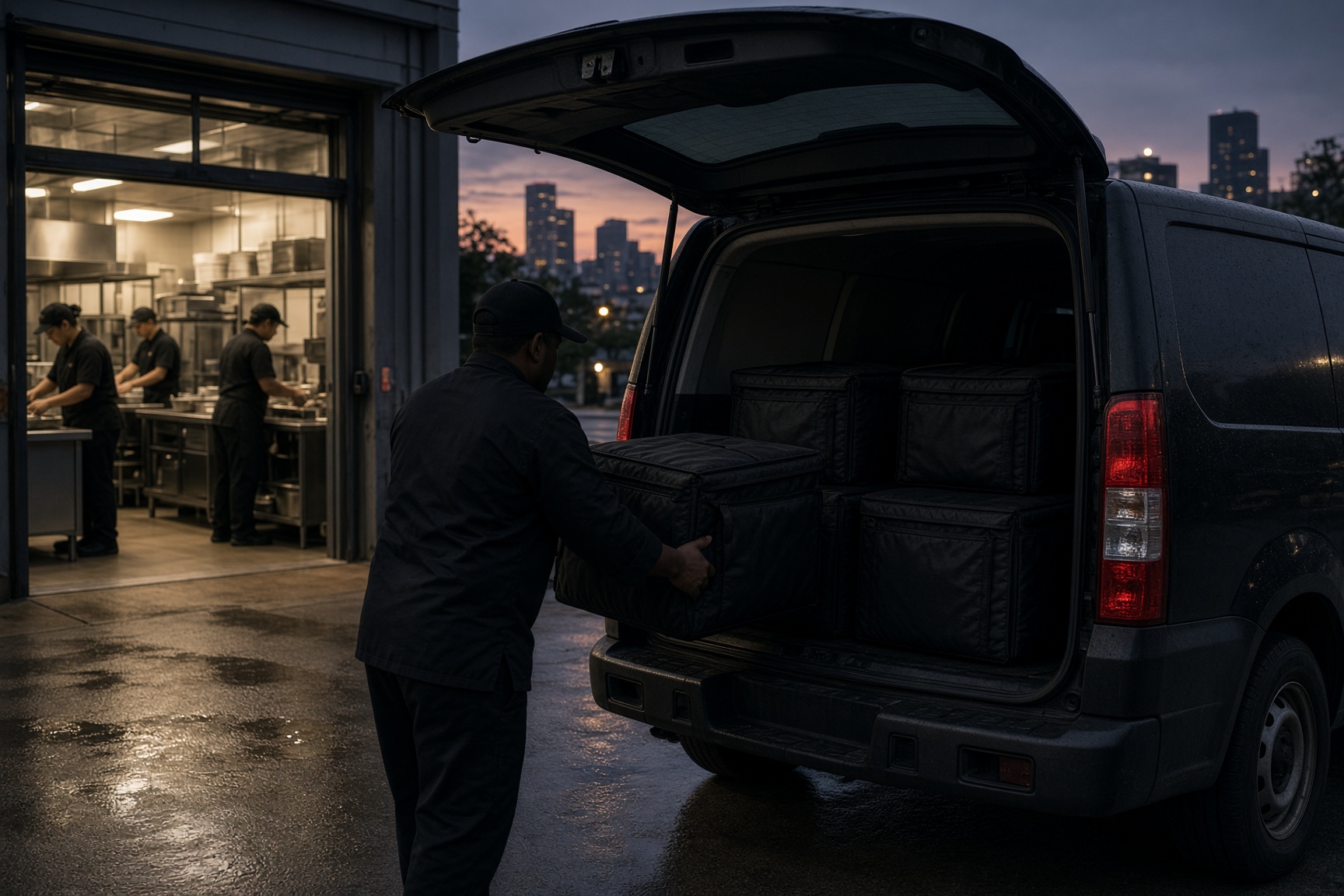 Insulated delivery bags being loaded at dusk
