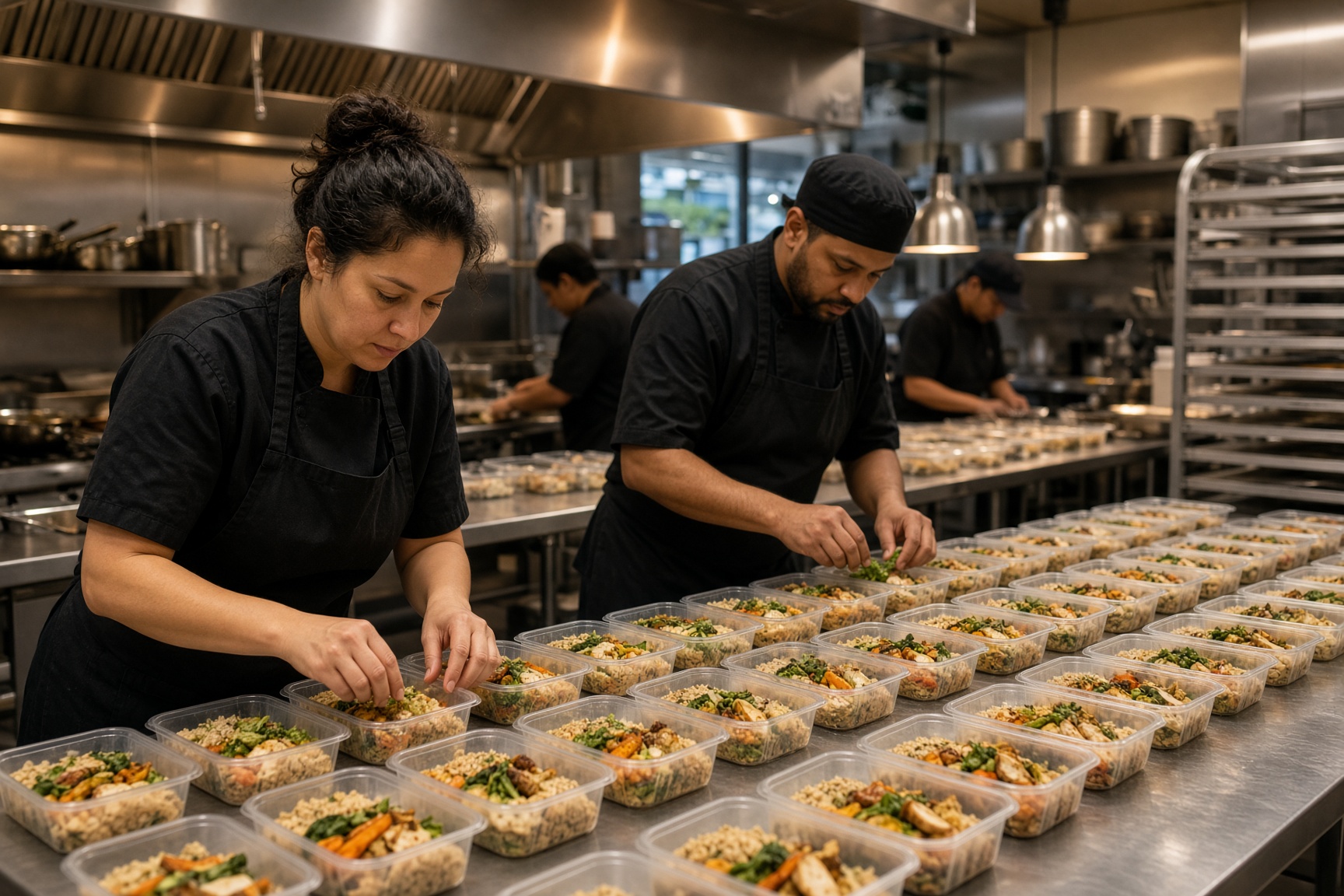Chefs packing fresh meals in a commercial kitchen
