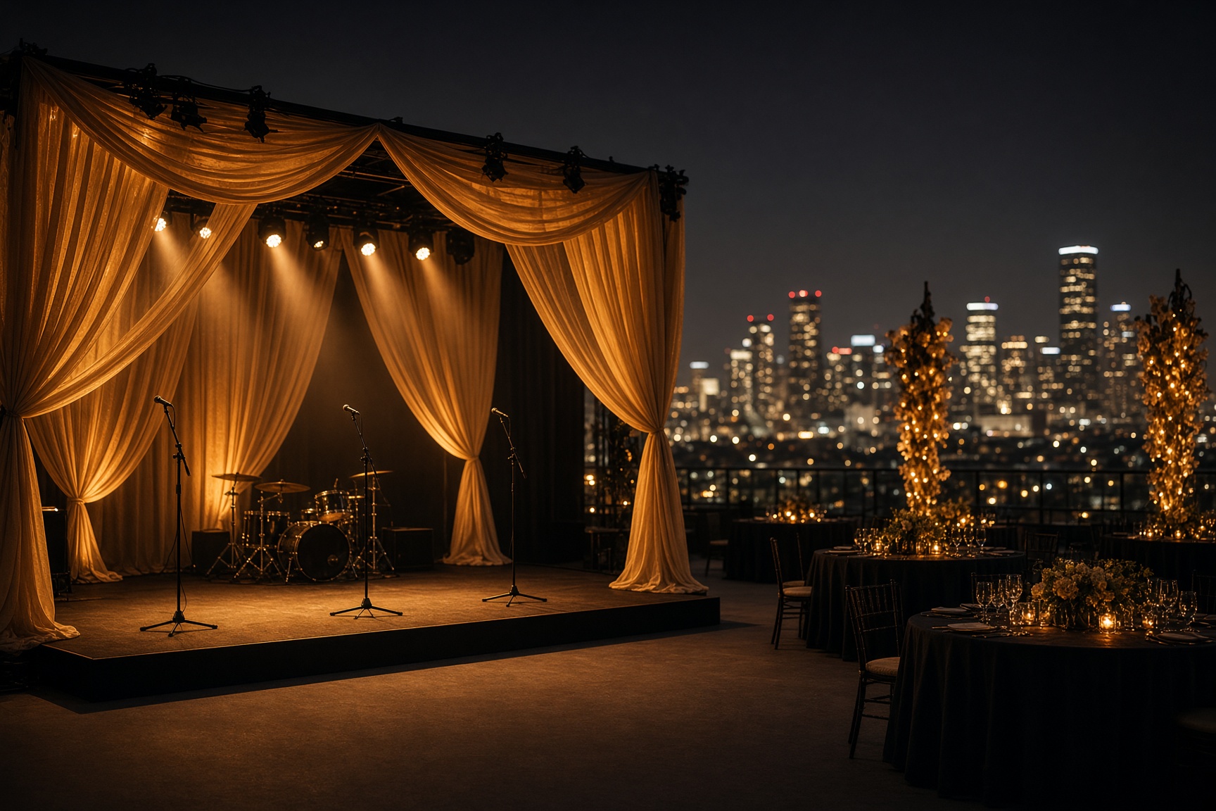An evening event stage washed in warm light