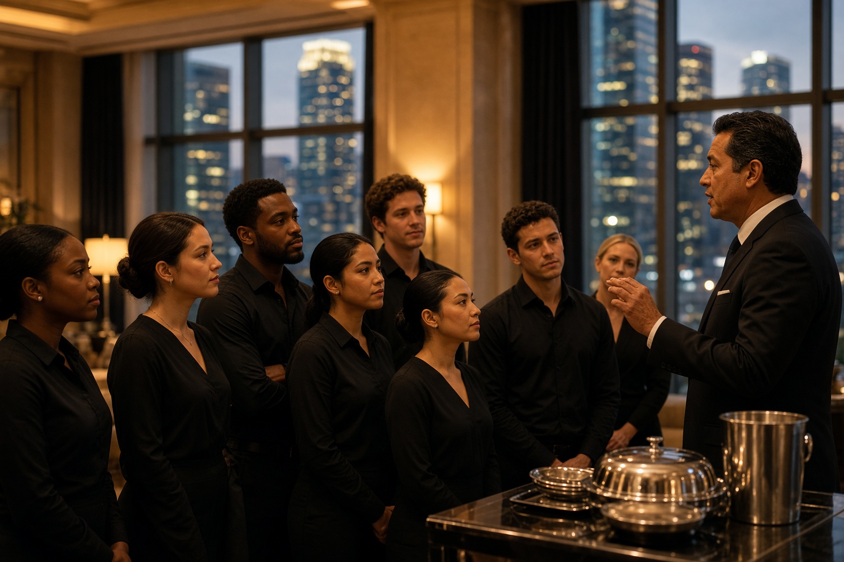 A hospitality crew in black at a pre-service briefing