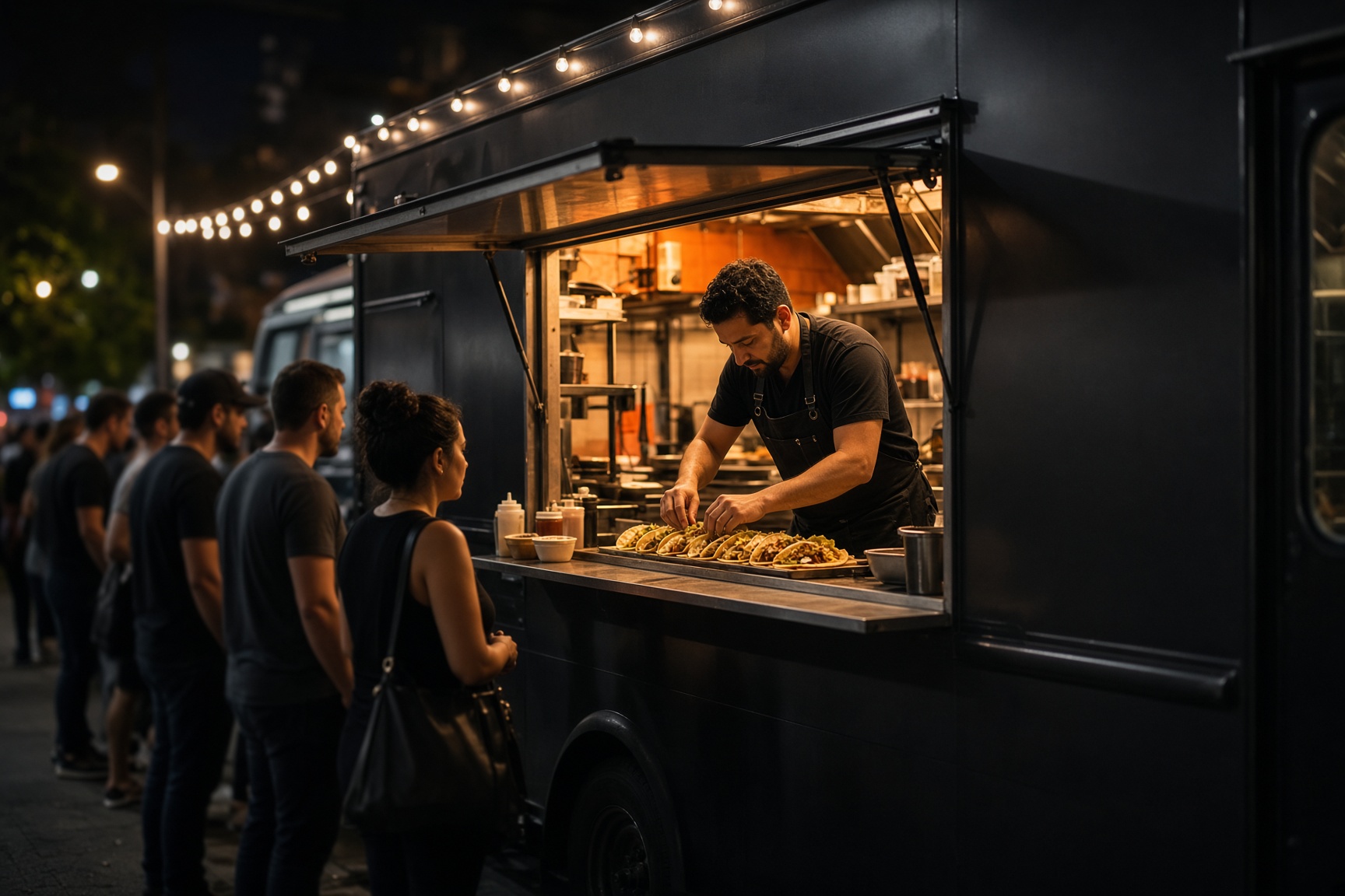 A food truck serving guests at night under warm light